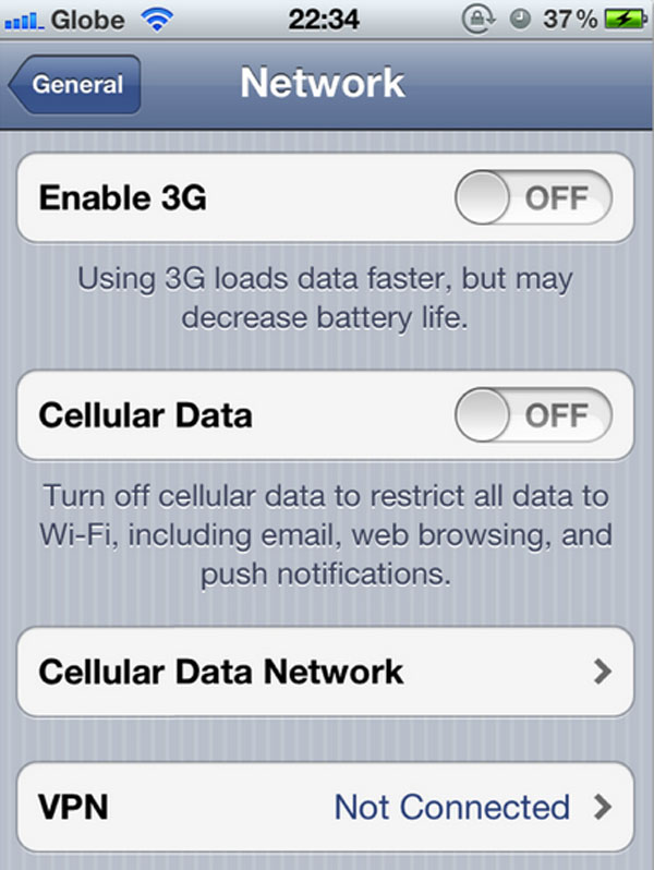 Disable the data on iPhone