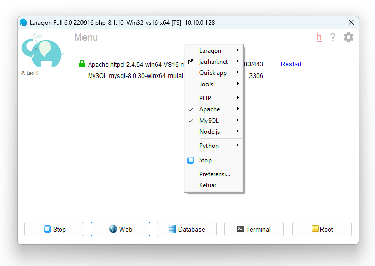 Otak Atik Gatuk dengan Laragon Web Server di Windows 11 3 Setting cukup dengan Klik Kanan di Laragon