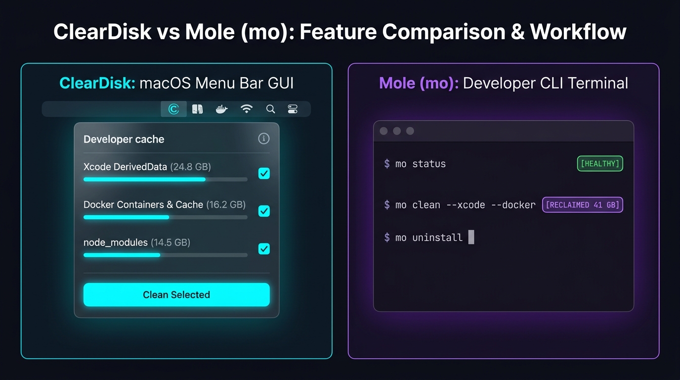 Infografis perbandingan fitur ClearDisk vs Mole mo untuk membersihkan file cache macOS