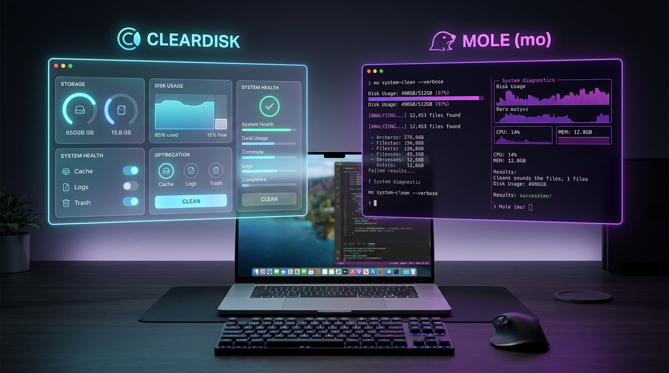 Komparasi ClearDisk vs Mole alat pembersih Mac untuk developer